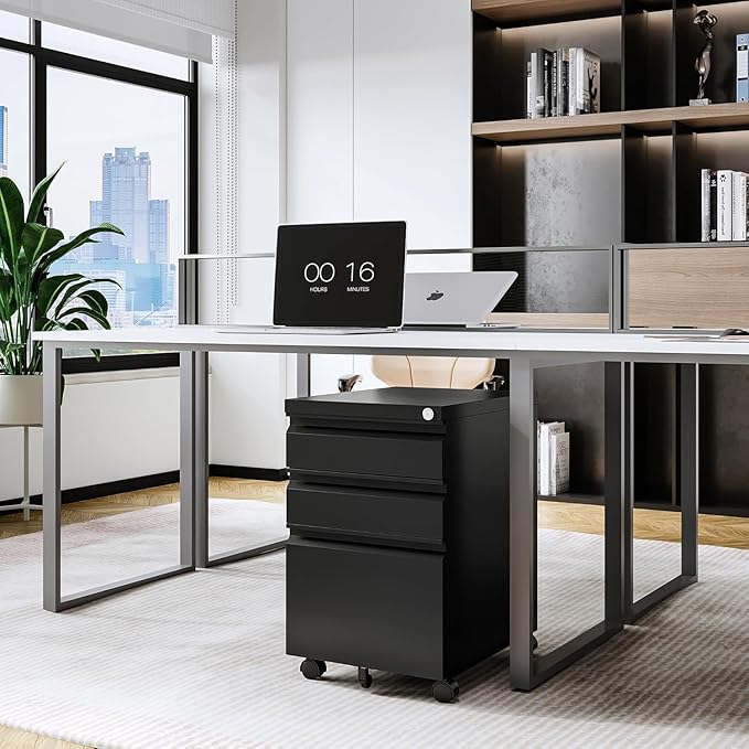 Letaya 3 Drawer Mobile File Cabinet with Lock Under Desk Metal Rolling Filing Cabinets for Home Office Organizer Letters/Legal/A4 (Black- Requires Installation) (Black)