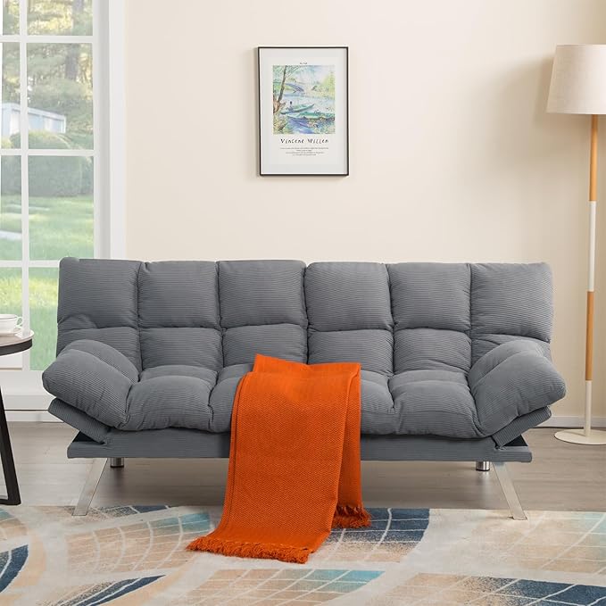 Modern Light Gray Corduroy Convertible Folding Futon Couch Sofa Bed Adjustable Pillow Top Arm Memory Foam Couch Double Loveseat Sofa for Compact Living Space Apartment Bedroom (67.3 Light Gray)