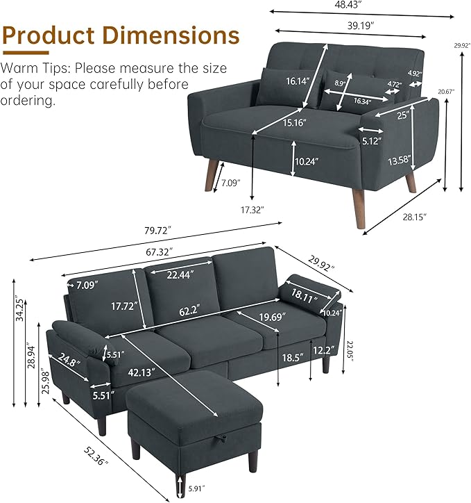 2 Piece Sofa Set Sectional Sofa Couches Set for Living Room 3 Seater &amp Loveseat Sofa with Deep Seats Couches Sets for Living Room/Bedroom/Office/Apartment(Dark Grey)