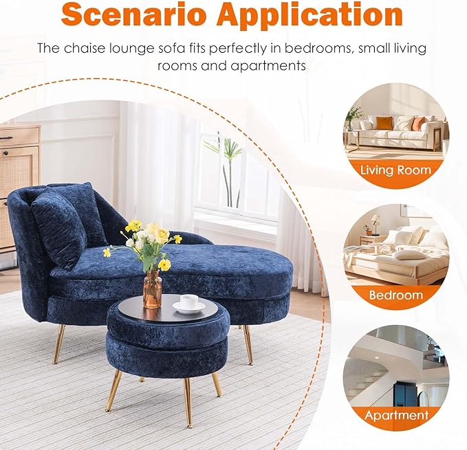 Chaise Lounge Chair Indoor Chenille Upholstered Chair with Left Armrest &amp Pillow Modern Lounge Chairs Sofa with Footstool for Living Room Bedroom Office (Blue)