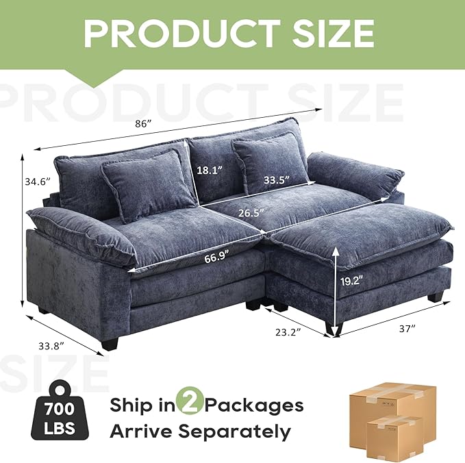 86 Modular Sectional Sofa Comfy Cloud Couch Sectional Sofa with Ottoman Chenille Sofa Sleeper Deep Seat Sofa with Throw Pillows for Living Room (Blue 86- L Shape)