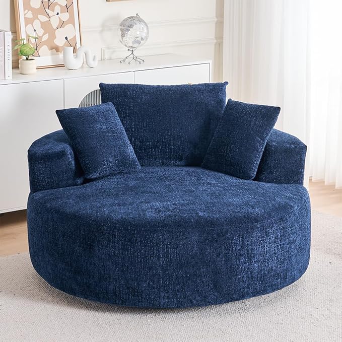KEIKI Oversized 360 Degree Swivel Chair Large Barrel Chairs Upholstered Round Swivel Chair Chenille Single Sofa Armchair Sleeper Chair for Living Room Lounge Blue