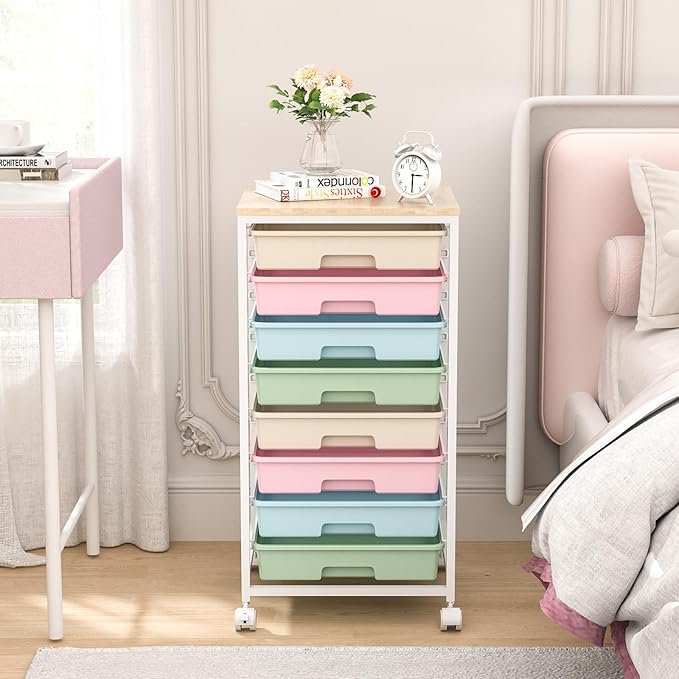 Rolling Storage Cart with DrawersUtility Cart With 8 Drawers and Wooden TabletopRolling Drawer CartStorage Drawer Cart for Living RoomClassroomBedroomBathroomDormOfficeRainbow