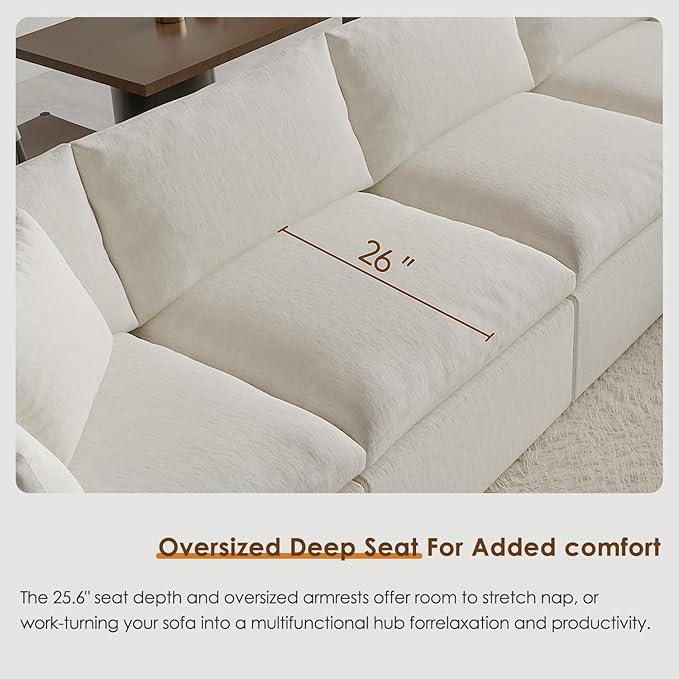 130 Oversized Boneless Cloud Couch Modular Sectional Couches for Living Room U-Shaped with Deep Seats No Assembly Required 6-Seater Washable Fabric Sleeper Sofa White