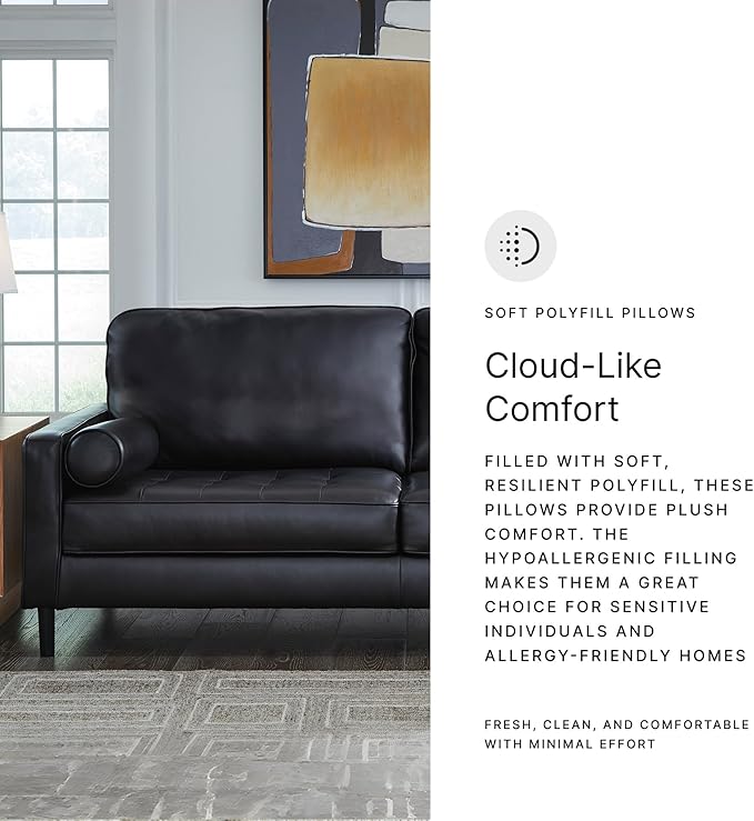 Signature Design by Ashley Bryceview Contemporary Leather Match Tufted Sofa with 2 Bolster Pillows Black