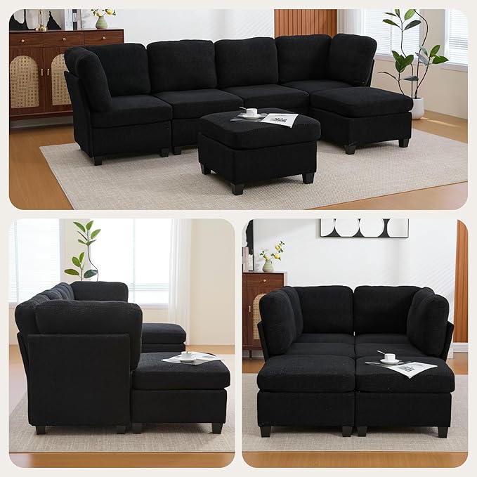 113.39 Modular Sectional Sofa 6 Seaters Sectional Sleeper Sofa U Shaped Couch Comfy Convertible Couches with Ottomans Oversized Modular Sofa with Large Storage for Living Room (Black)