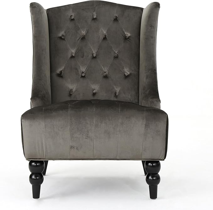 Modern Wingback Accent Chair Tufted Velvet Couch Sofas with High Back Thick Padded Cushioned Seats for Living Room Victorian Style Grey