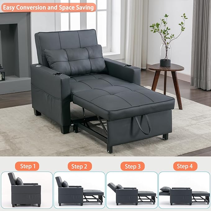 Modern Convertible Sleeper Sofa Bed 3-in-1 Adjustable Futon Couch with Storage &amp Removable Armrests for Apartment Studio Office Small Spaces (Black)