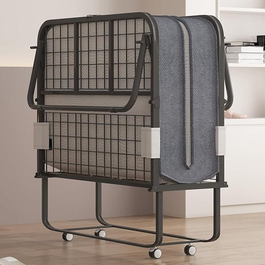 PUREMIND 75 x 38 Folding Bed with 4 Inches Mattress Portable Rollaway Guest Beds for Adults with Metal Frame &amp Swivel Wheels Twin Size Foldable Bed Fold Away Beds Space Saving