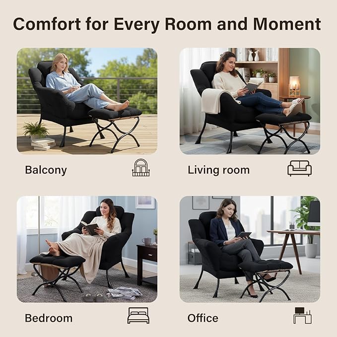 Lazy Chair with Ottoman Modern Accent Chair Contemporary Lounge Leisure Sofa Chair with Armrests Reading Chair and Folding Footstool Set for Living Room Bedroom Office Black