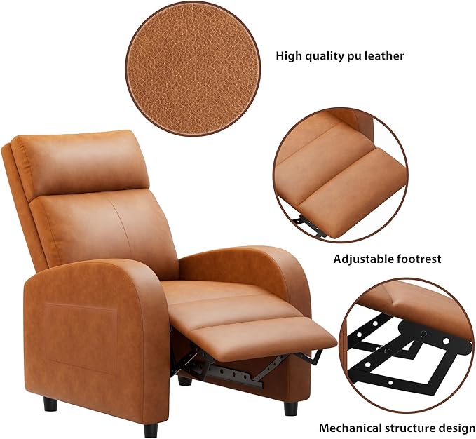 JUMMICO Recliner Chair Adjustable Home Theater Single Recliner Sofa Furniture with Thick Seat Cushion and Backrest Modern Living Room Recliners (Leather Brown)