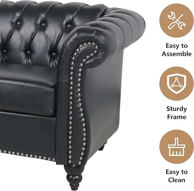 Home Sofa Living Room Furniture 3 Seater Leather Upholstered Sofa Couch Modern Comfy Couch with Faux Leather Cushions Mid Century Tufted Chesterfield Sofas for Bedroom Office Apartment (Black)