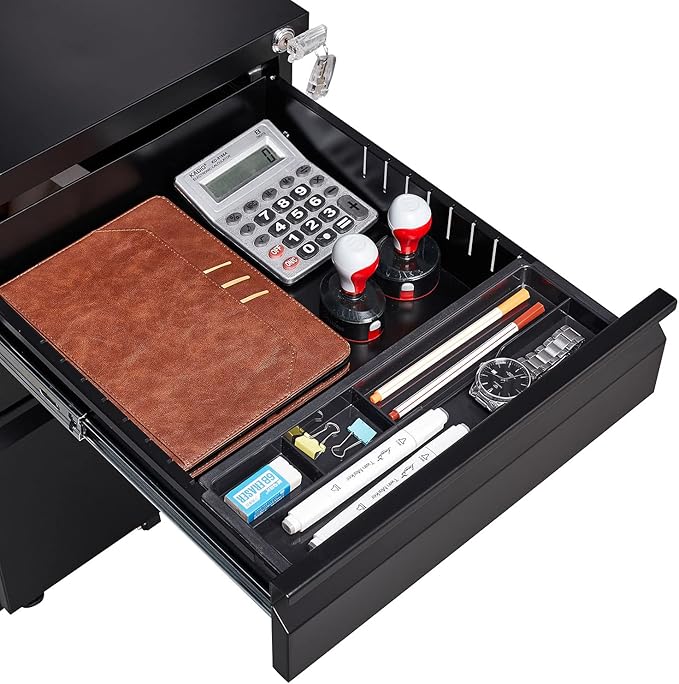 3 Drawer Mobile File Cabinet with Lock Under Desk Small Storage Organizer Filing Cabinets for Home Office Locking Drawers for Legal/Letter/A4 FilesBlack