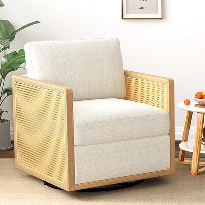 Swivel Barrel Chair Premium Rattan Comfy Round Accent Chair for Living Room Mid Century Modern Reading Chair for Adults Armchair for Small Spaces Bedroom Side Chairs for Home/Office/Cream Linen