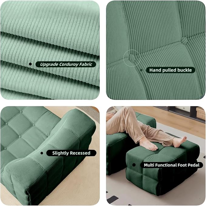 Bean Bag Chair - Memory Foam Bean Bag Chair for Adults Comfy High-Resilience Single Sofa Small Space Floor Chair Chaise Lounge for Living Room Bedroom (Dark Green Square+Ottoman)