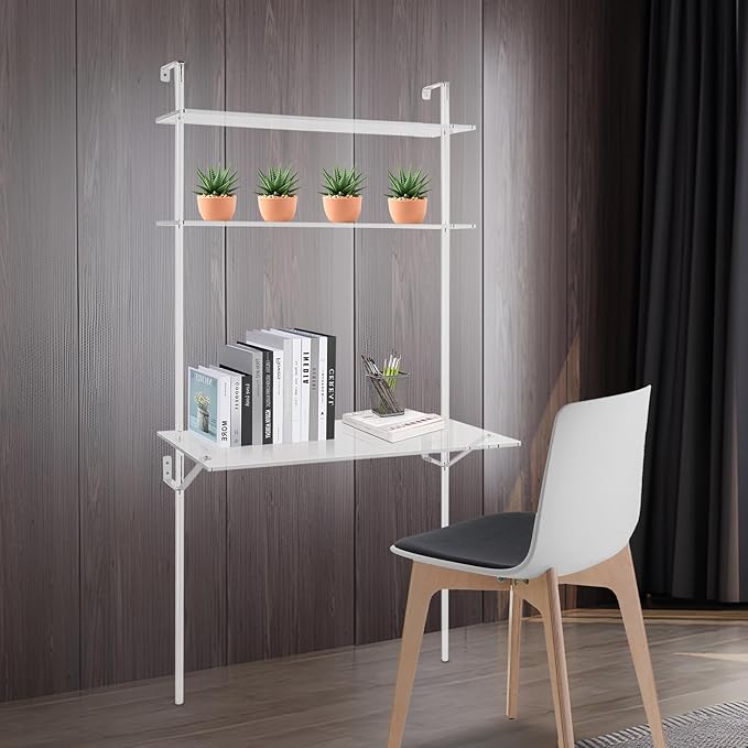 90x50x176cm Clear Acrylic Wall-Mount Ladder Desk - Stylish Space-Saving Design for Home or Office. Easy to Install Perfect for Computers and Work.