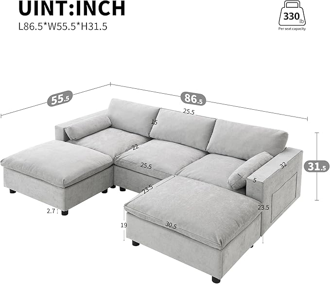 kevinplus 86.5'' Sectional Sofa Couch with Ottoman for Living Room Modern Contemporary 3-Seat Sectional Sofa Couch for Apartment Chenille Fabric Gray