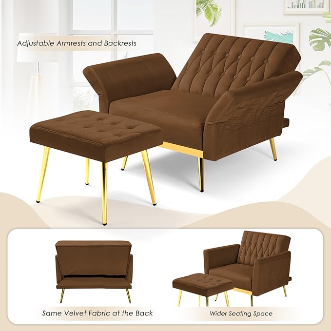 Velvet Accent Chair with Adjustable Backrest and Armrests Single Recliner Armchair with Ottoman and Golden Mental Legs for Living Room Bedroom and Waiting Room Brown