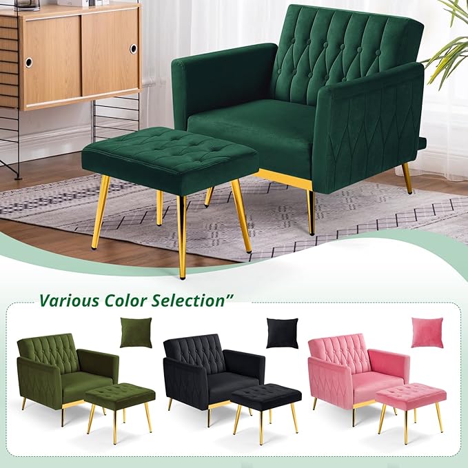Velvet Accent Chair with Adjustable Armrests and Backrest Button Tufted Lounge Chair Single Recliner Armchair with Ottoman and Pillow for Living Room Bedroom Green