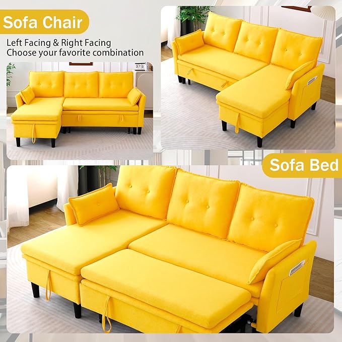 78 L-Shaped Sleeper Sofa Bed Couch 3-Seater Reversible Pull Out Couch Bed with Storage Chaise Lounge Cotton-Linen Pullout Sofabed Sectional Couches for Living Room Apartment Yellow