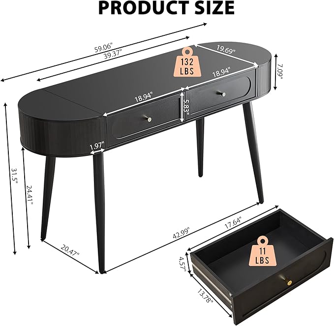 Practical 59 Wood Writing Desk Home Office Laptop Desk with 2 Flip Hide Storage + 2 Drawer MCM Elegant Fluted Multifunctional Study Desk for Apartment Bedroom (Black)