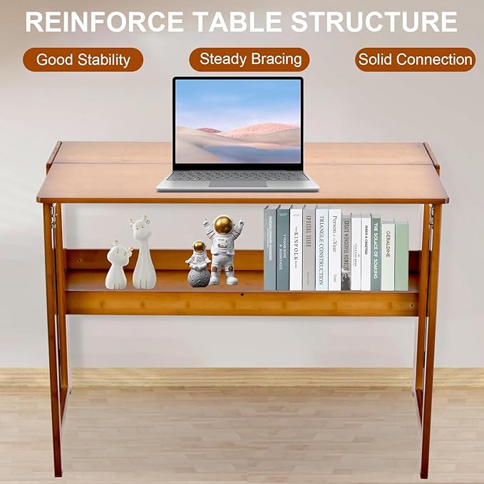 Bamboo Folding Desk with BookshelfFolding Computer Table Multipurpose Table with Bookshelf Wooden Workstation Standing Work Desk for Home and Office Living Room Bedroom Kitchen