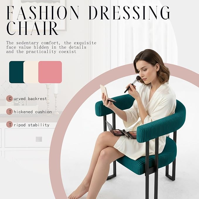 Vanity Chair for Makeup Room Corduroy Accent Chair with U-Shaped Backrest Modern Comfy Desk Chair No Wheels Upholstered Dining Chair Set of 2 with Metal Legs for Bedroom Living Room(Teal2)