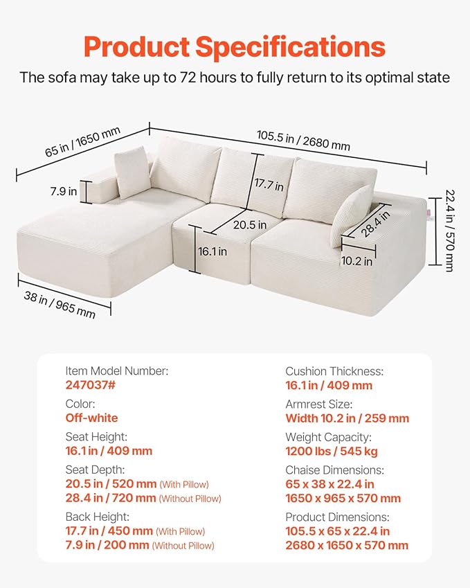 VEVOR Modular Sectional Sofa Sectional Couch for Living Room L Shaped Sofa with High Rebound Sponge Cloud Couch with Cushion for Living Room Apartment Beige