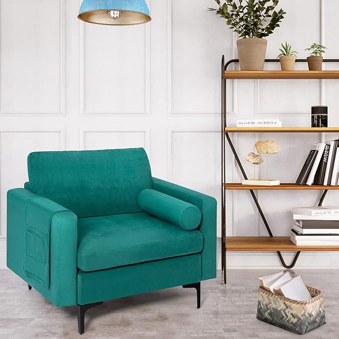 Giantex Single Sofa Accent Chair Armchair w/Comfy Cushion Bolster Armrest Magazine Caddy Pockets Living Room Upholstered Leisure Chair for Bedroom Reception Room Blue