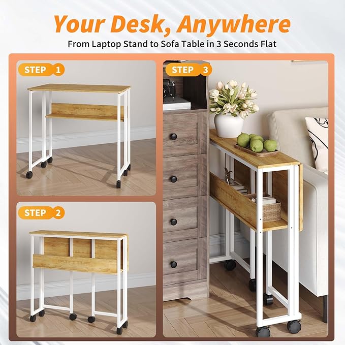 24.8 Folding Rolling Desk with Storage Shelf Small Foldable Computer Table on Wheels for Home Office &amp Small Spaces Portable Workstation with Brakes Oak