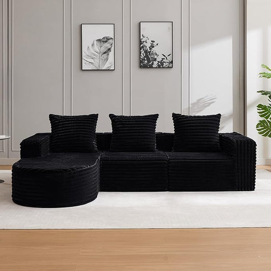 Boneless Cloud Couch Modular Sectional Sofa L-Shape with Chaise 102 Soft Faux Fur Deep Seat &amp 3 Pillows &amp 2 Side Pockets for Living Room Bedroom (Black Left Chaise)