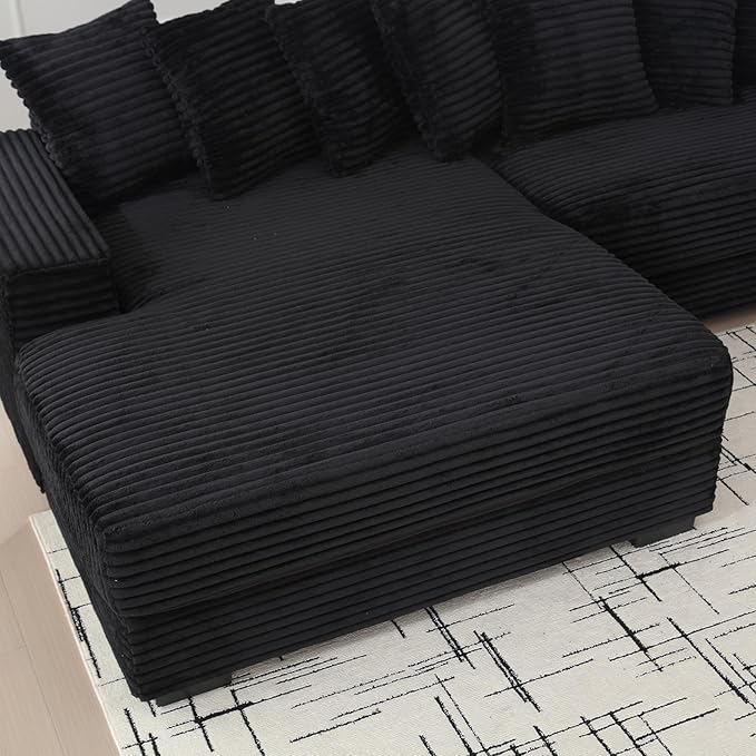 Fefances Spacious Two-Section Left-Oriented Modular L-Shaped Corduroy Sectional Couch for Living Spaces 111 Upholstered Convertible Chaise Sofa &amp Chaise Lounge with Daybed FunctionalityBlack/R.