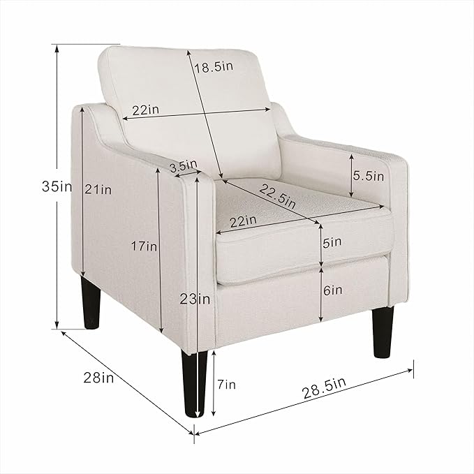 Accent Chair for Living Room Mid-Century Armchairs for Small Spaces Chenille Upholstered Comfy Reading Armchair with Studded for Bedroom (White-A)