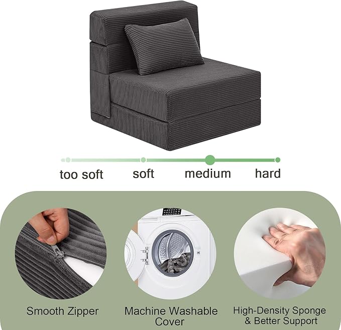 MeMoreCool Boneless Folding Chair Bed – Dark Grey Corduroy Single Sleeper Sofa 4-in-1 Convertible Futon Couch with Pillow Compact Fold-Out Floor Mattress with Washable Cover for Bedroom Guest Room