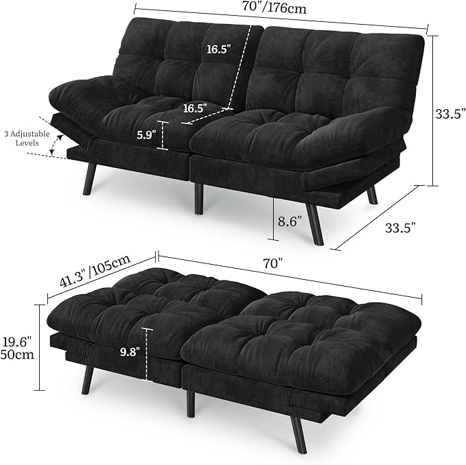 DWVO Sofa Bed with 3-Position Adjustable Backrest &amp Armrests Upholstered Loveseat Couch Bed Expandable Foldable Design for Living Room Bedroom Black