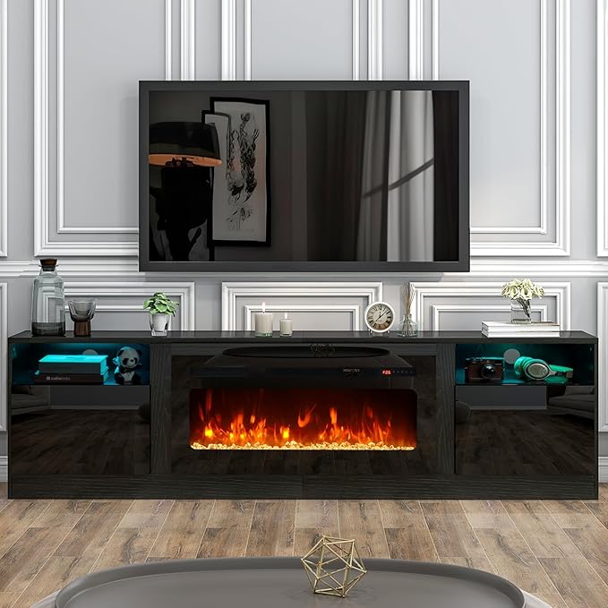 oneinmil 80” TV Stand with 36” Electric Fireplace Large Modern Media Entertainment Center with Storage Cabinet and 12 Colors LED Lights for TVs Up to 90 Black+Black