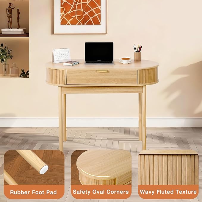 Oval Wood Desk with Drawer39.37 Inch Small Study Work Writing Desk Computer Gaming TableStudent PC Storage MDF Desk for Home Office Bedroom Living Room(Light Oak Color)