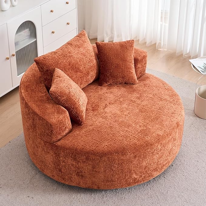 KEIKI Oversized 360 Degree Swivel Chair Large Barrel Chairs Upholstered Round Swivel Chair Chenille Single Sofa Armchair Sleeper Chair for Living Room Lounge Orange