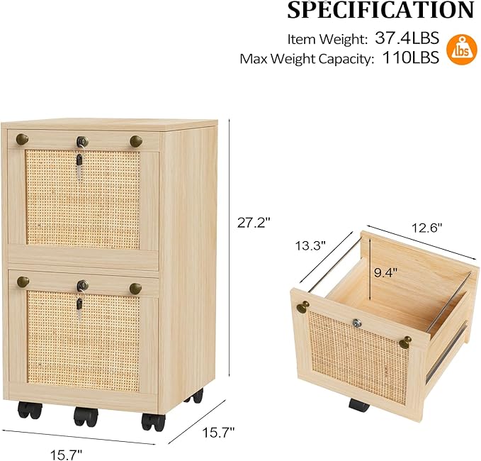 VINGLI 2 Drawer File Cabinet with Lock Rolling File Cabinets for Home Office Small Printer Stand Wood Rattan Oak File Organizer Under Desk Filing Cabinet on Wheels for Folders with Tabs