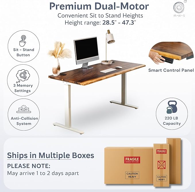 Standing Desk with Drawer – Walnut Solid Wood Desk Natural Live Edge Adjustable Height Dual Motor Sit Stand for Home Office (White W48 x D27)