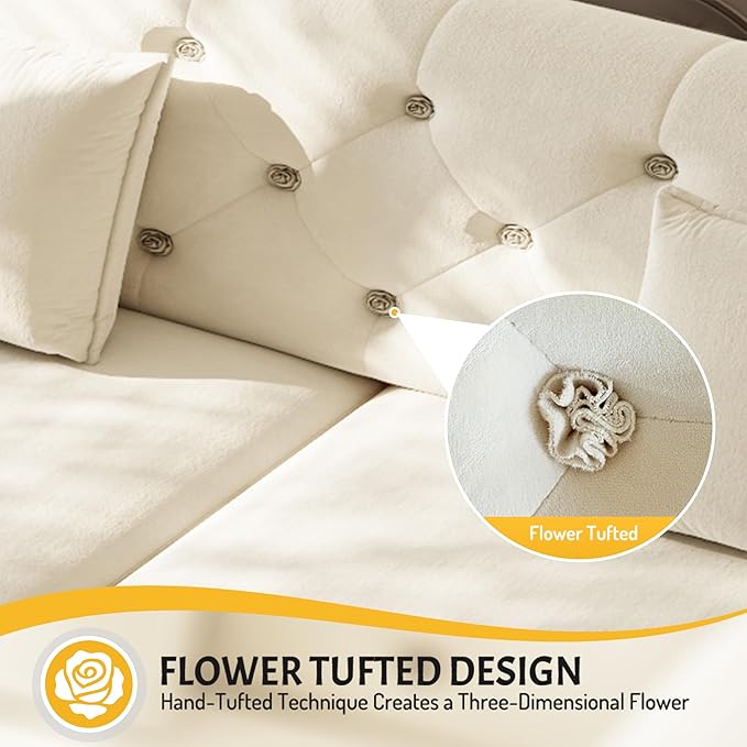 100'' Pull Out Couch King Size Velvet Sleeper Sofa with Flower-Tuffed Back Chesterfield Convertible Futon Sofa Bed 4 Pillows 4-Seater Deep Couches for Living Room Small Spaces Beige