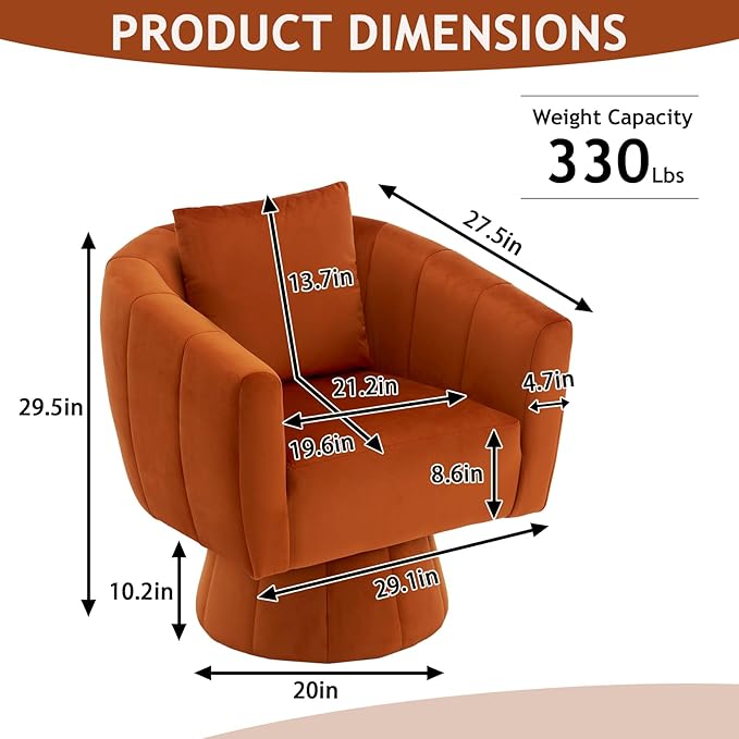 Swivel Accent Chair Set of 2 Modern 360°Swivel Barrel ChairComfy Velvet Fabric Living Room Chair with Fluffy CushionsUpholstered Armchair for Living RoomBedroomLounge (Orange)