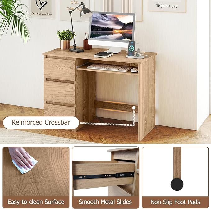 GOFLAME Computer Desk with 3 Drawers &amp Charging Station 42” Home Office Desk with Storage &amp Keyboard Tray Writing Desk PC Workstation Vanity Table (Natural)