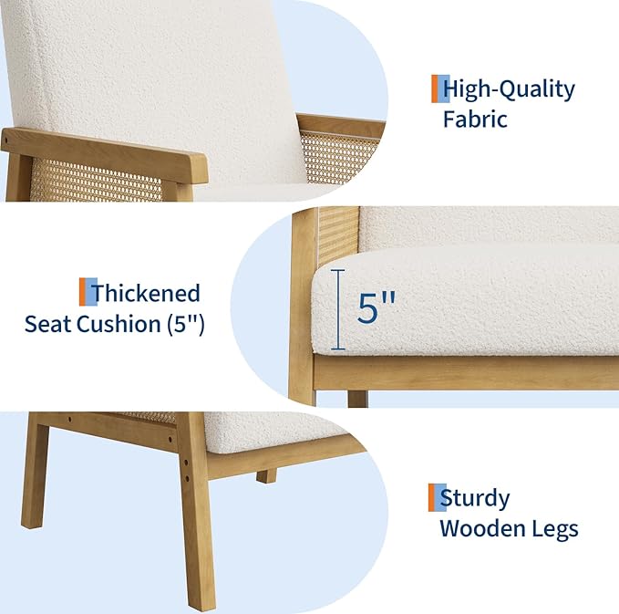 GAOMON Mid Century Boucle Fabric Accent Chair Rattan Armchair with Wooden Armrest and Legs Modern Lounge Chair for Living Room/Bedroom/Reading Room/Waiting Room Ivory
