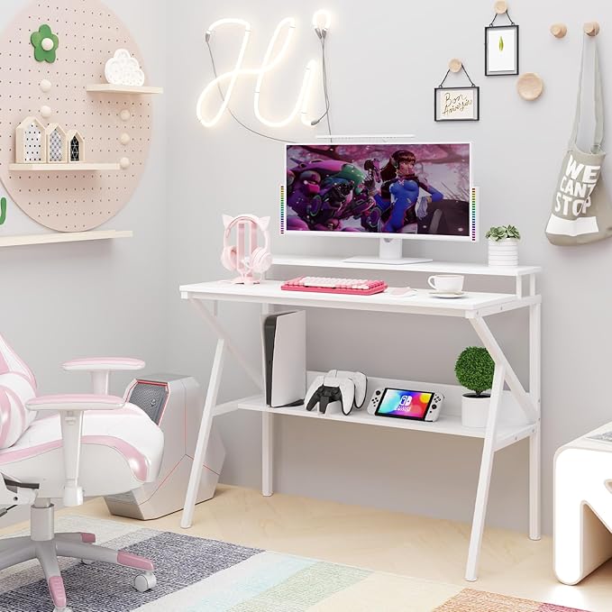 Giantex Small Desk with Storage Compact Computer Desk for Small Spaces with Monitor Stand Metal Frame &amp Earphone Hook Laptop PC Table Modern Writing Desk for Home Office Bedroom (White)
