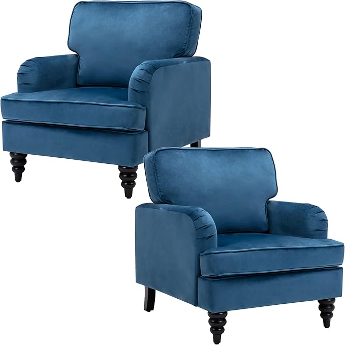 Modern Accent Chair Set of 2 Velvet Armchairs Comfy Reading Chair Single Sofa Couch for Bedroom/Living Room Blue