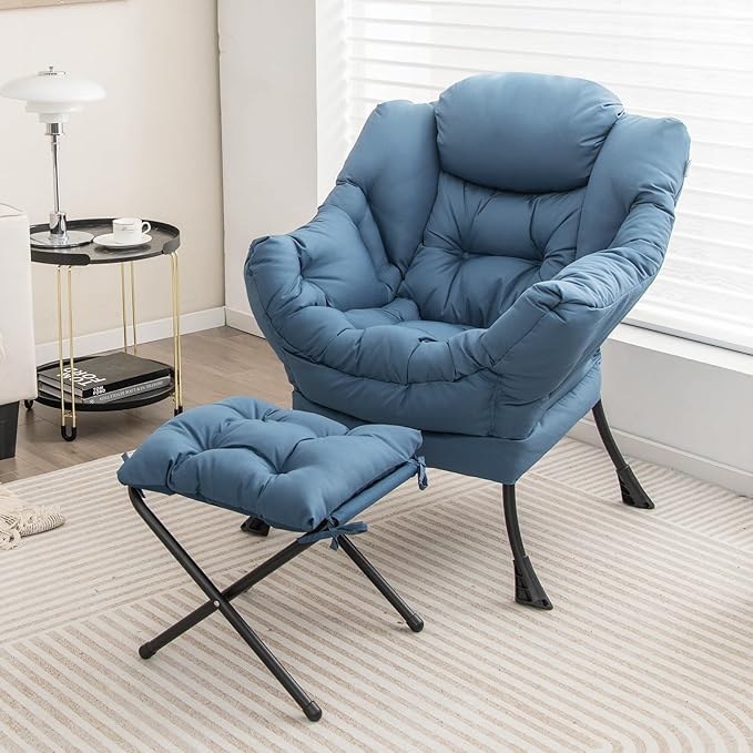 GOFLAME Lazy Chair with Ottoman Modern Large Accent Chair with Folding Footrest Head Pillow Armrests and Side Storage Pocket Upholstered Reading Chair for Living Room Bedroom Office Navy