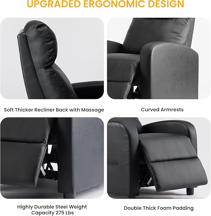HealSmart Push-Back Massage Reclining Chair Adjustable PU Leather Lounge Seat Comfortable Single Seater for Living Room Bedroom &amp Home Theater Black