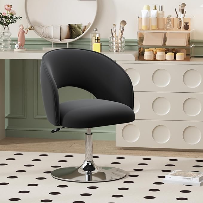 Furniliving Vanity Chair Salon Chair Flexible Round-Back 360° Accent Chair with Plated Frame Height Adjustable Swivel Chairs for Living Room Bedroom Lounge Pub Bar Velvet Black