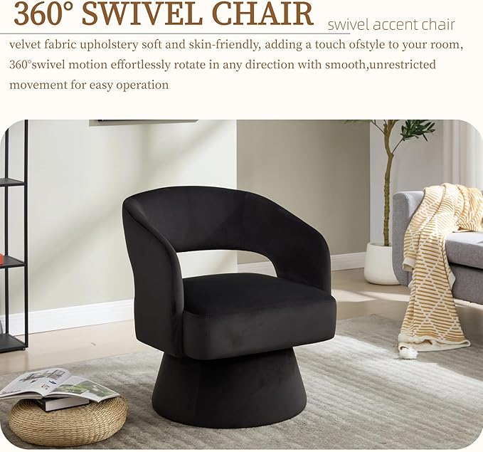 360 Degree Swivel Barrel Chair for Living Room Black Velvet Accent Armchair with Open Back Modern Comfy Reading Chair for Bedroom Cloud Boho Chairs for Office Club Lobby (Black)